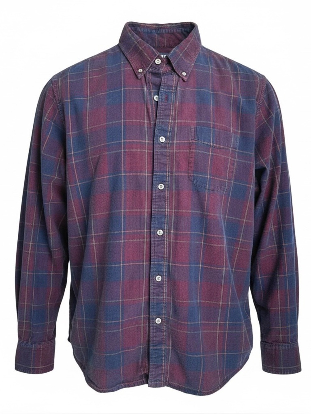 Lands' End Men's Burgundy Blue Plaid Flannel Button Down Shirt Cotton Size L